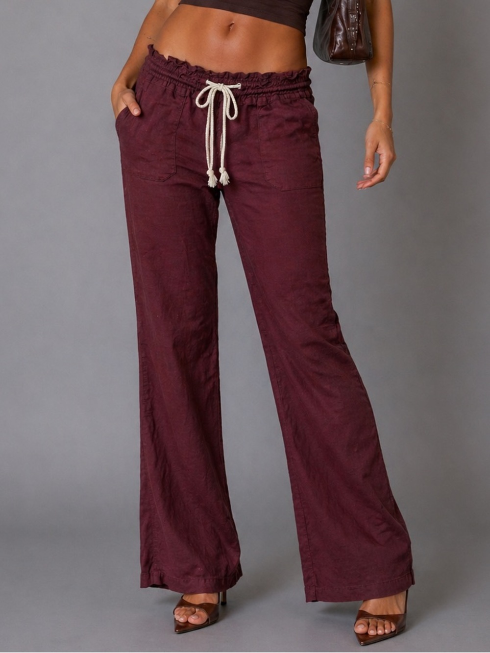 Y2K Roxy Linen Burgundy Wide Leg Pants